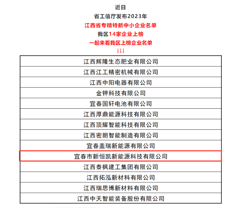 我司全资子公司宜春市新恒凯新能源科技有限公司获评：江西省专精特新中小企业